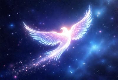 The primary subject of the image is a bird, specifically a dove, flying through the night sky. The bird is surrounded by a beautiful and serene night sky, which creates a peaceful and tranquil atmosphere. The visual style of the image is a combination of photo and digital art, giving it a unique and artistic appearance. The colors in the image are predominantly dark, with the brightest elements being the stars in the night sky, which adds a sense of depth and contrast to the scene.
